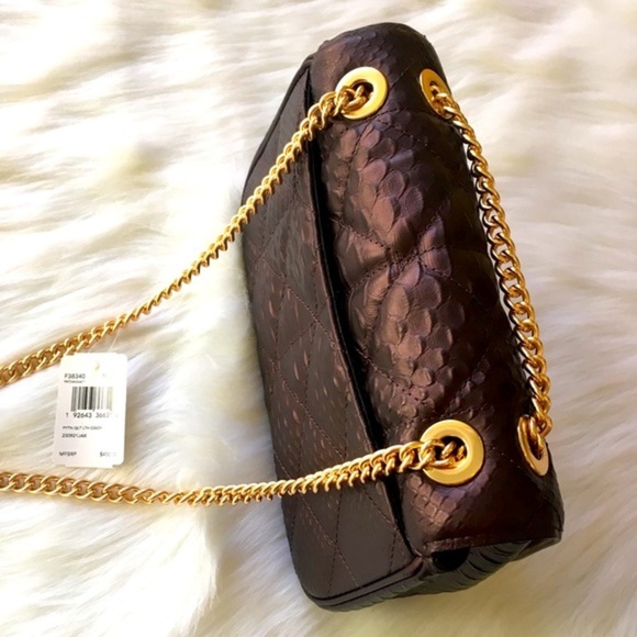 Coach Leather Crossbody Bag Chain Link Quilted Satchel Tote Snakeskin - Picture 6 of 7